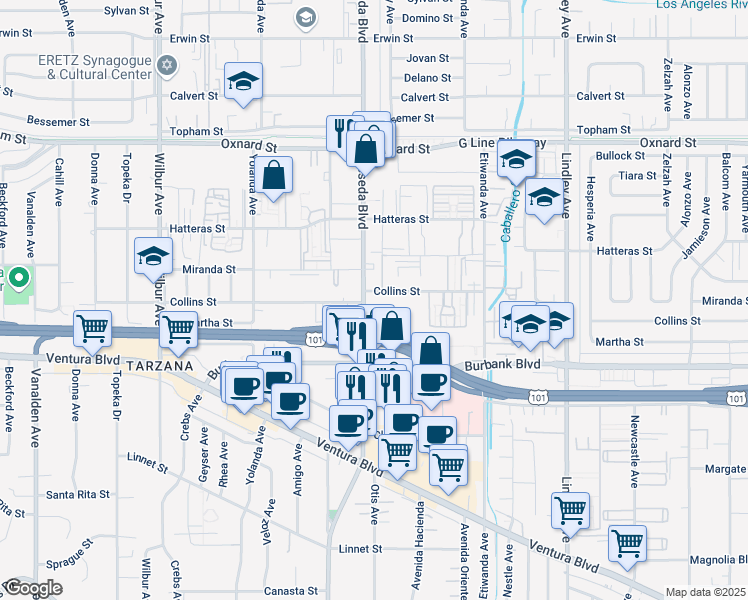 map of restaurants, bars, coffee shops, grocery stores, and more near 5680 Reseda Boulevard in Los Angeles