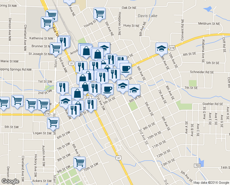 map of restaurants, bars, coffee shops, grocery stores, and more near 414 2nd Avenue Southeast in Cullman