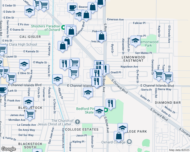 map of restaurants, bars, coffee shops, grocery stores, and more near 2707 Van Gogh Drive in Oxnard