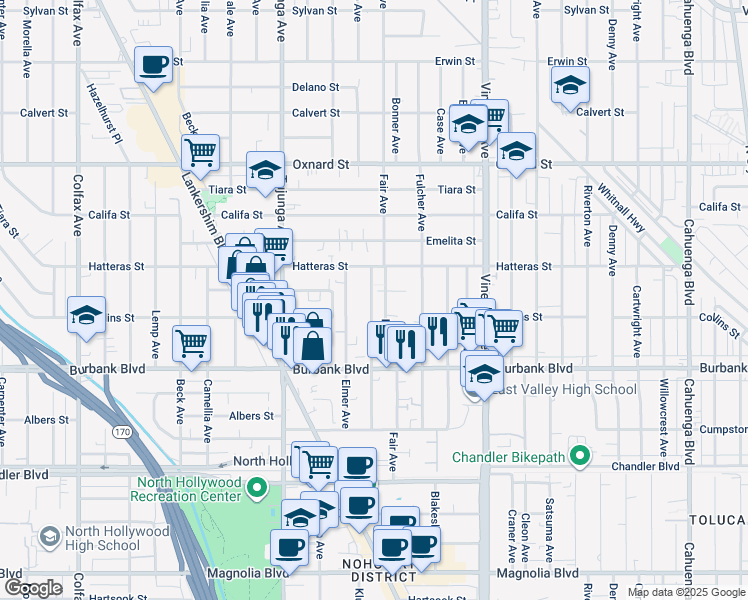 map of restaurants, bars, coffee shops, grocery stores, and more near 5719 Klump Avenue in Los Angeles