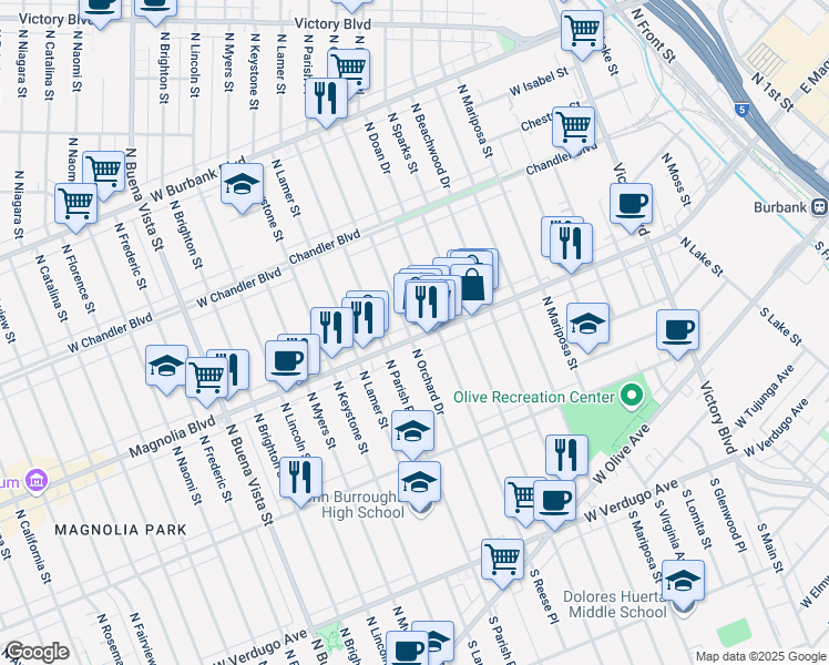 map of restaurants, bars, coffee shops, grocery stores, and more near 1723 West Magnolia Boulevard in Burbank