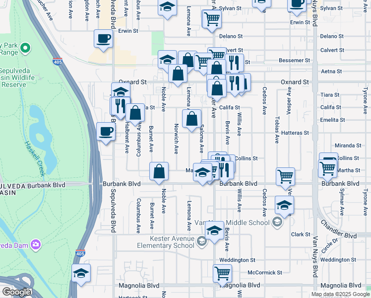 map of restaurants, bars, coffee shops, grocery stores, and more near 5721 Lemona Avenue in Los Angeles
