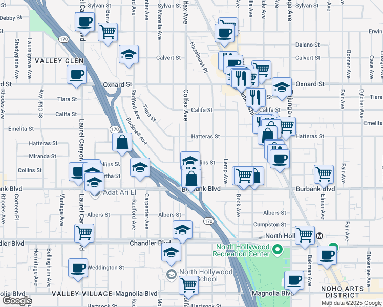 map of restaurants, bars, coffee shops, grocery stores, and more near 5720 Colfax Avenue in Los Angeles