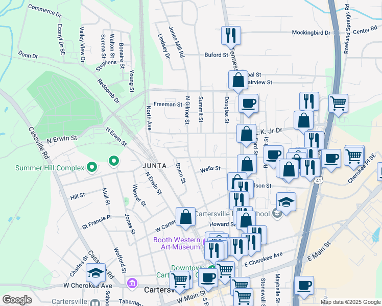 map of restaurants, bars, coffee shops, grocery stores, and more near 403 North Gilmer Street in Cartersville
