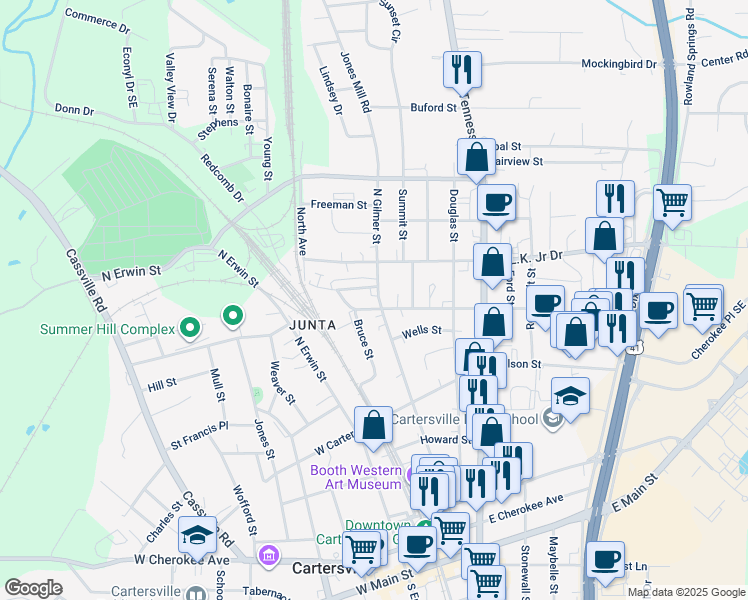 map of restaurants, bars, coffee shops, grocery stores, and more near 406 North Gilmer Street in Cartersville