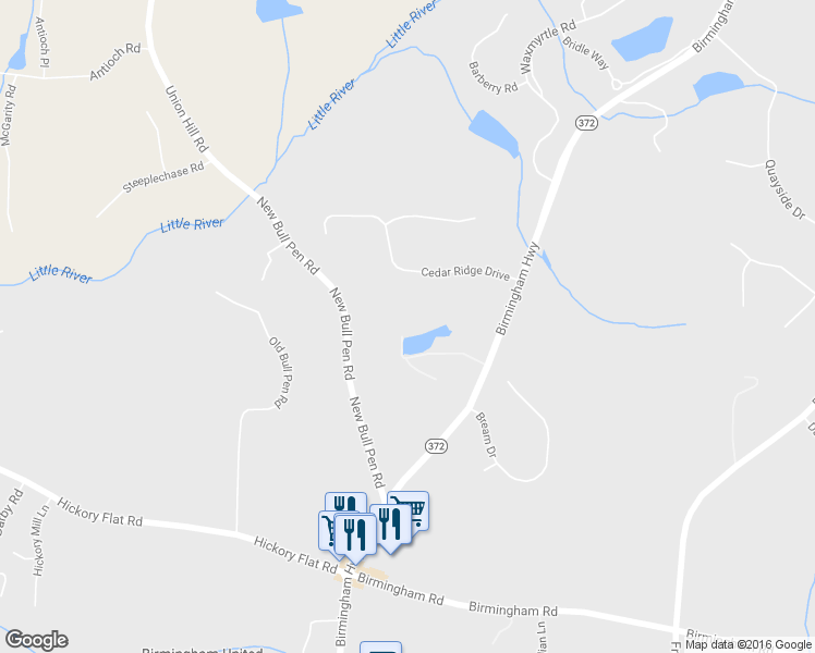 map of restaurants, bars, coffee shops, grocery stores, and more near 16170 Birmingham Highway in Alpharetta