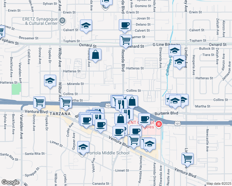 map of restaurants, bars, coffee shops, grocery stores, and more near 18540 Collins Street in Los Angeles