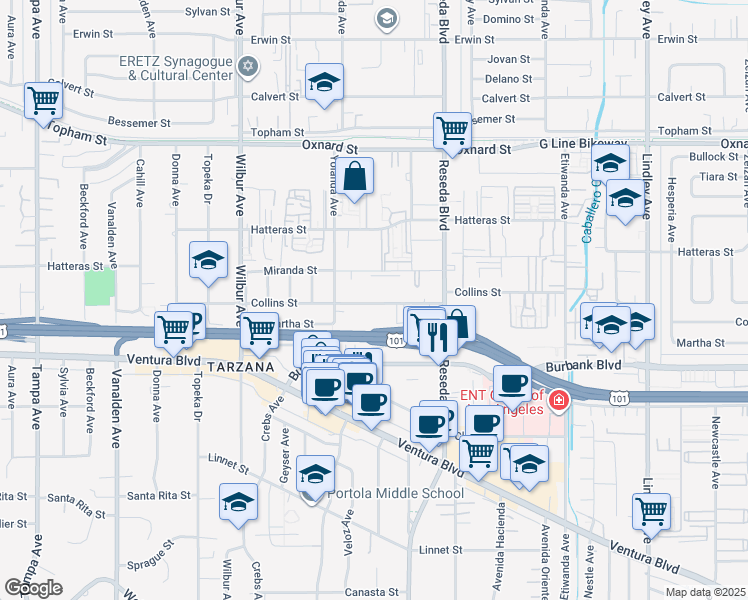 map of restaurants, bars, coffee shops, grocery stores, and more near 18618 Collins Street in Los Angeles
