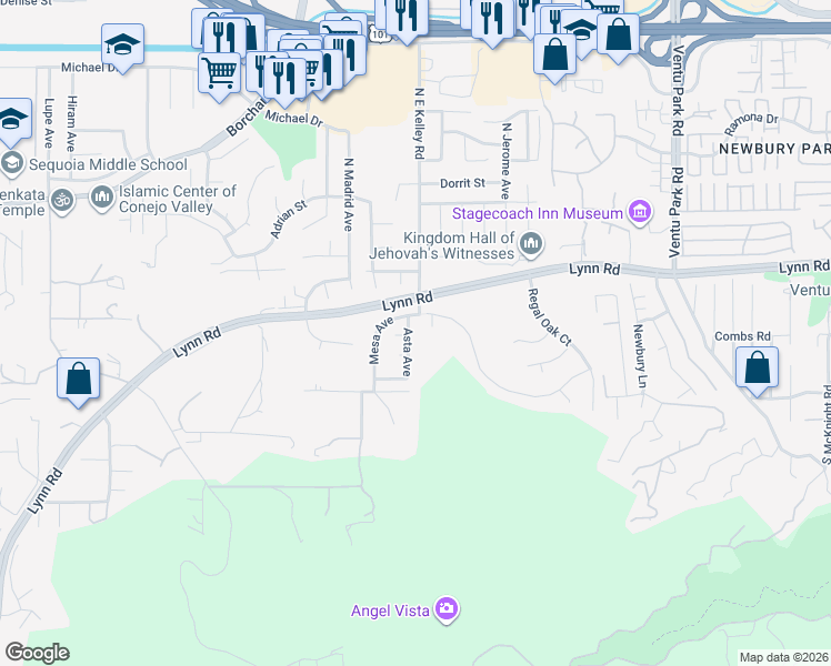 map of restaurants, bars, coffee shops, grocery stores, and more near 208 Asta Avenue in Thousand Oaks