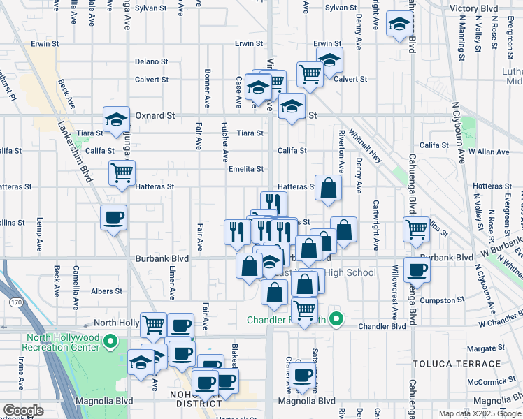 map of restaurants, bars, coffee shops, grocery stores, and more near 5715 Vineland Avenue in Los Angeles