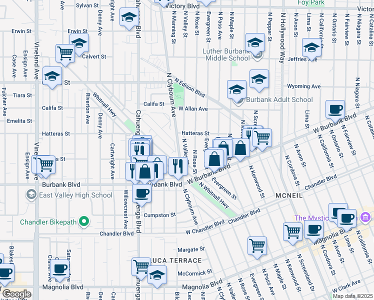 map of restaurants, bars, coffee shops, grocery stores, and more near 1455 North Rose Street in Burbank