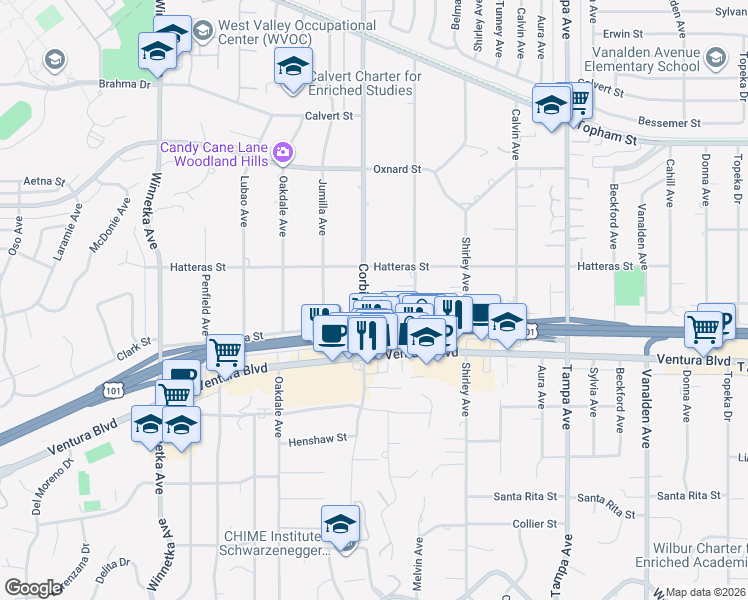 map of restaurants, bars, coffee shops, grocery stores, and more near 5706 Corbin Avenue in Los Angeles