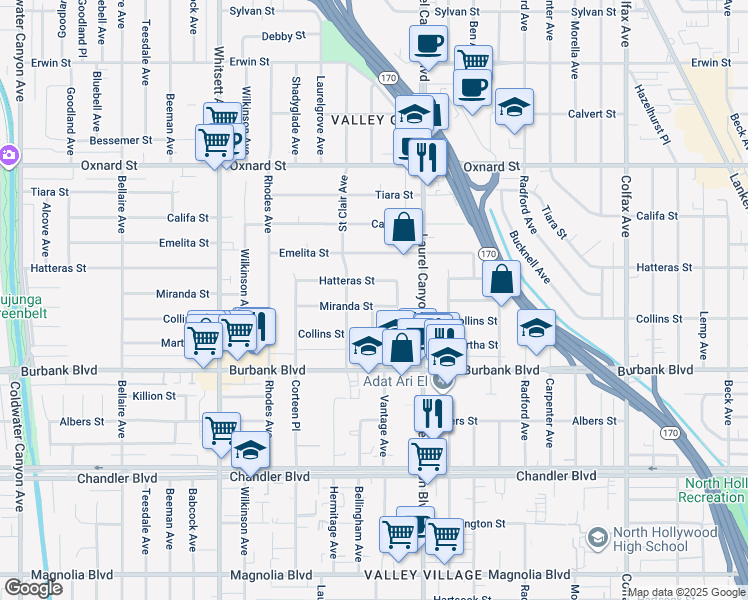 map of restaurants, bars, coffee shops, grocery stores, and more near 12159 Miranda Street in Los Angeles