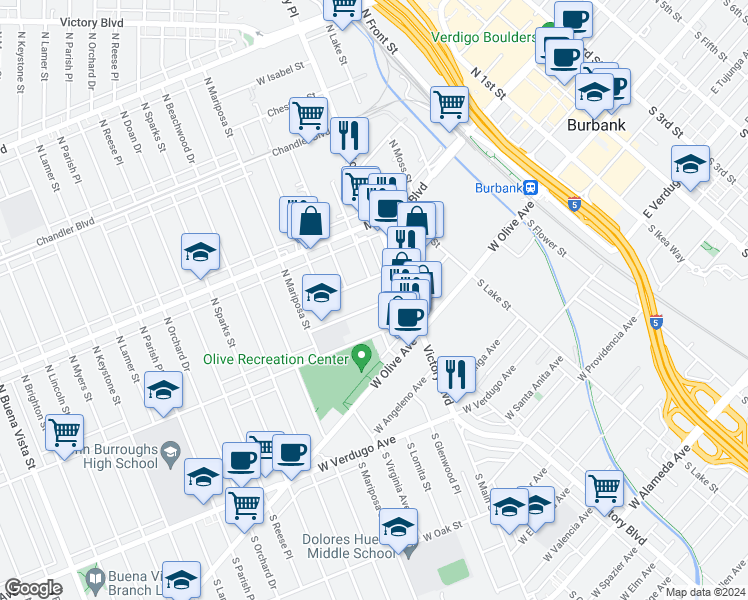 map of restaurants, bars, coffee shops, grocery stores, and more near 1005 West Orange Grove Avenue in Burbank
