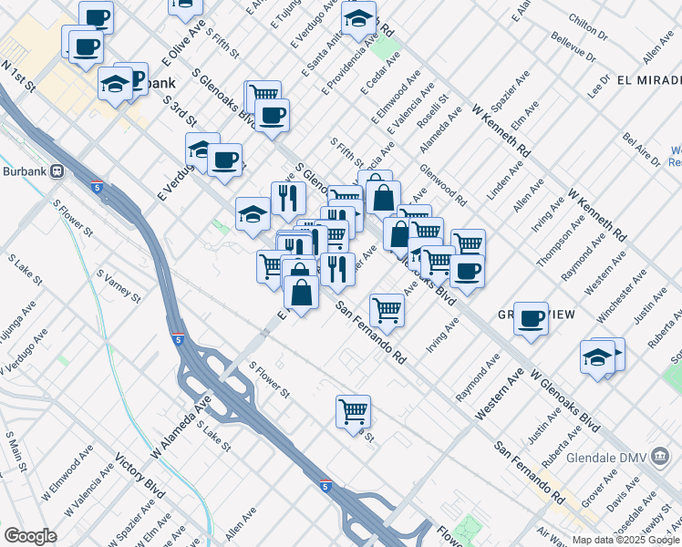 map of restaurants, bars, coffee shops, grocery stores, and more near 1015 East Spazier Avenue in Burbank