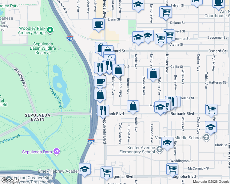 map of restaurants, bars, coffee shops, grocery stores, and more near 5726 Halbrent Avenue in Los Angeles