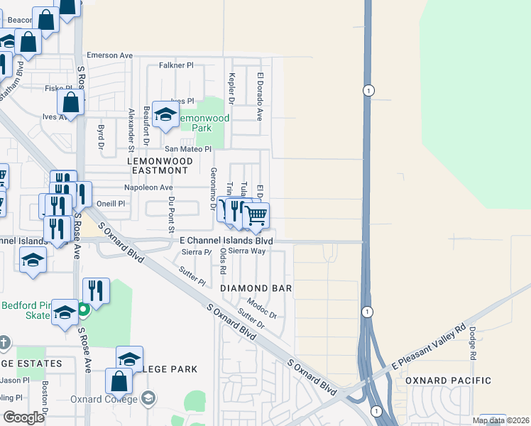 map of restaurants, bars, coffee shops, grocery stores, and more near 2700 El Dorado Avenue in Oxnard