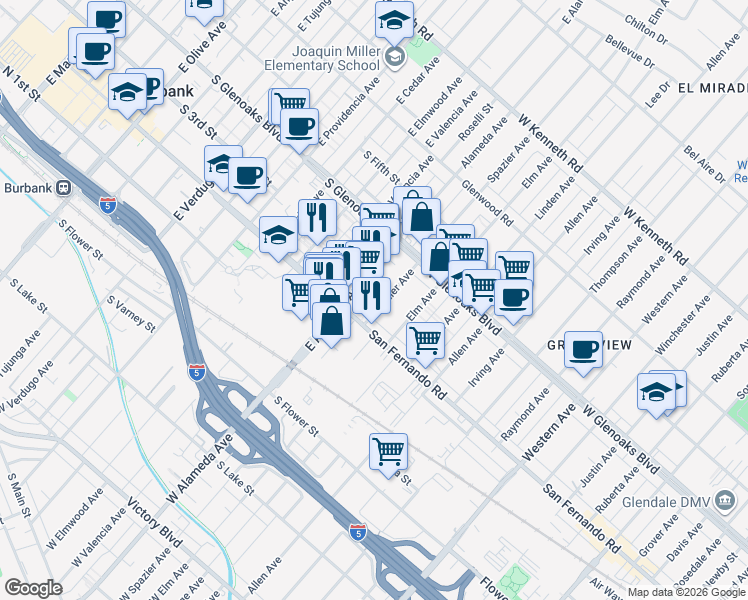 map of restaurants, bars, coffee shops, grocery stores, and more near 1015 East Spazier Avenue in Burbank