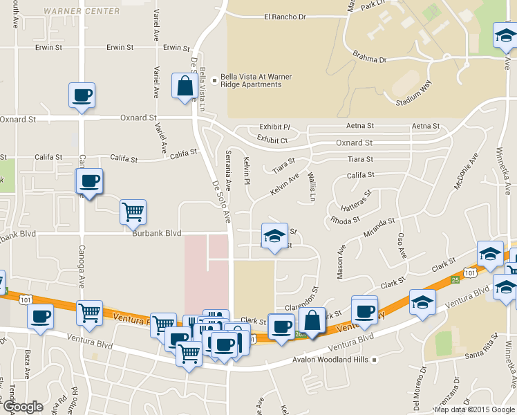 map of restaurants, bars, coffee shops, grocery stores, and more near 5700 Kelvin Avenue in Los Angeles