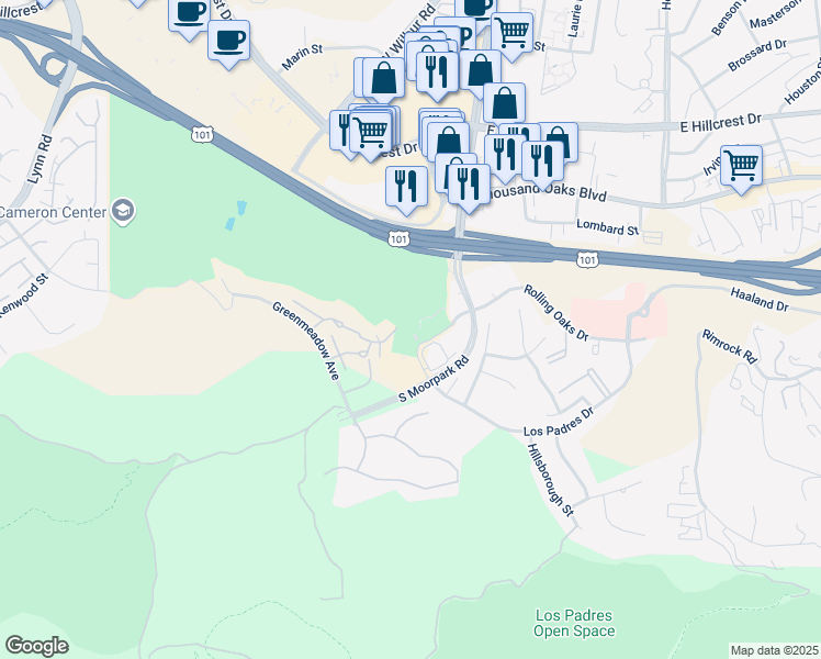 map of restaurants, bars, coffee shops, grocery stores, and more near 299 South Moorpark Road in Thousand Oaks