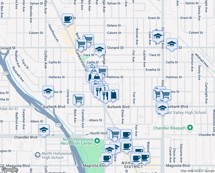map of restaurants, bars, coffee shops, grocery stores, and more near 11342 Miranda Street in Los Angeles