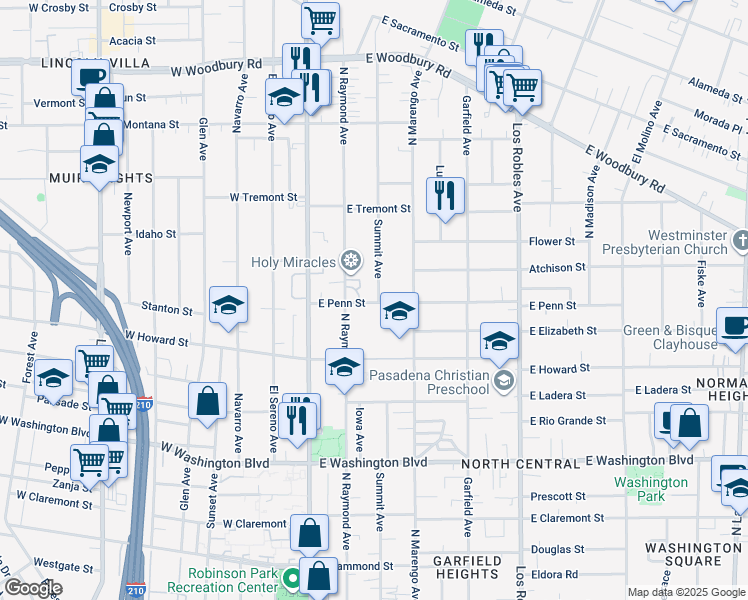 map of restaurants, bars, coffee shops, grocery stores, and more near 144 East Penn Street in Pasadena
