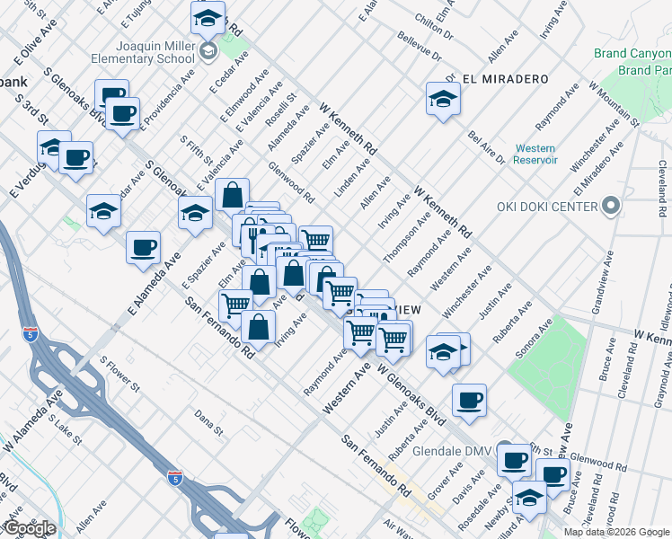 map of restaurants, bars, coffee shops, grocery stores, and more near 1145 Irving Avenue in Glendale