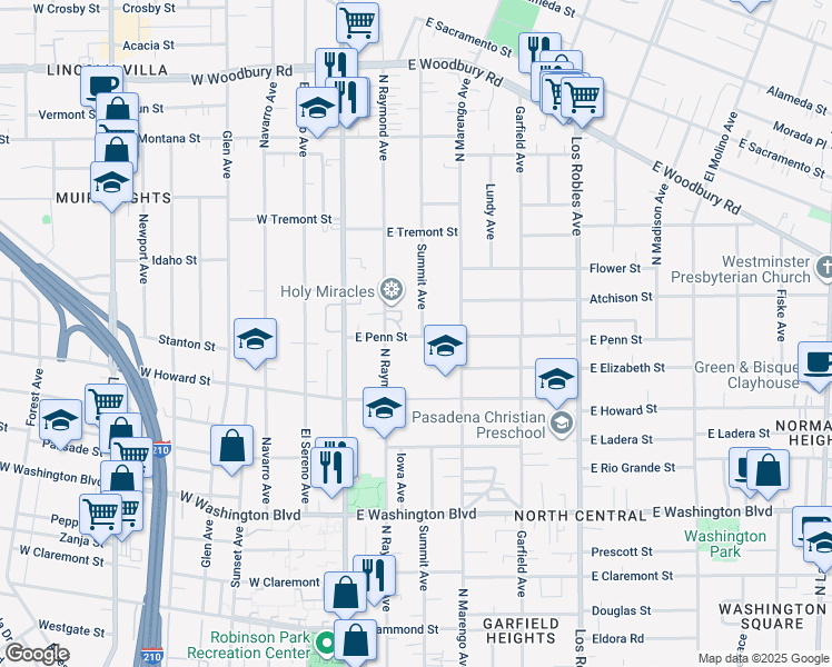 map of restaurants, bars, coffee shops, grocery stores, and more near 133 East Penn Street in Pasadena