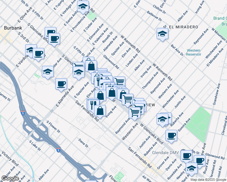 map of restaurants, bars, coffee shops, grocery stores, and more near 1119 Allen Avenue in Glendale