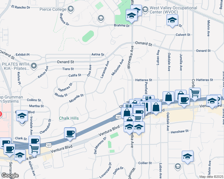 map of restaurants, bars, coffee shops, grocery stores, and more near 5711 Rawlings Avenue in Los Angeles