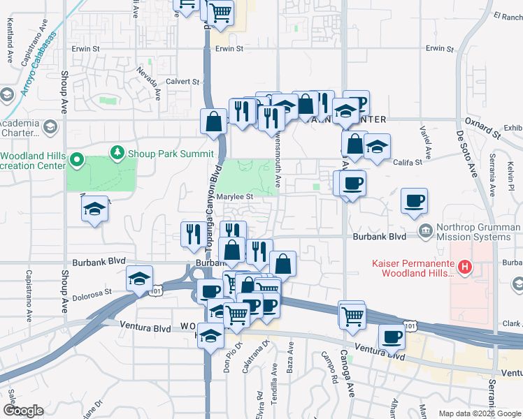 map of restaurants, bars, coffee shops, grocery stores, and more near 21730 Marylee Street in Los Angeles