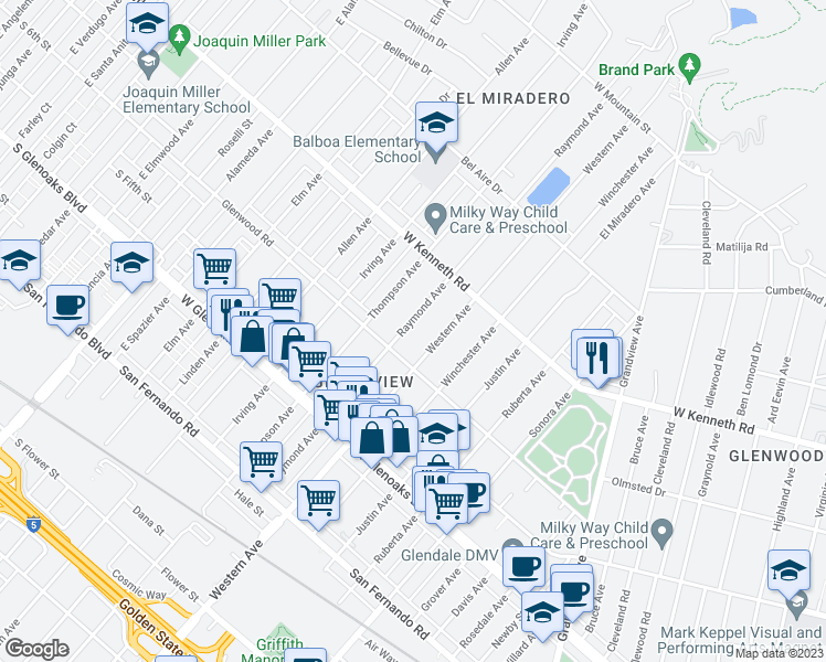 map of restaurants, bars, coffee shops, grocery stores, and more near 1222 Raymond Avenue in Glendale