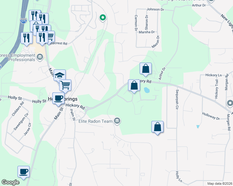 map of restaurants, bars, coffee shops, grocery stores, and more near 102 Redbud Lane in Canton