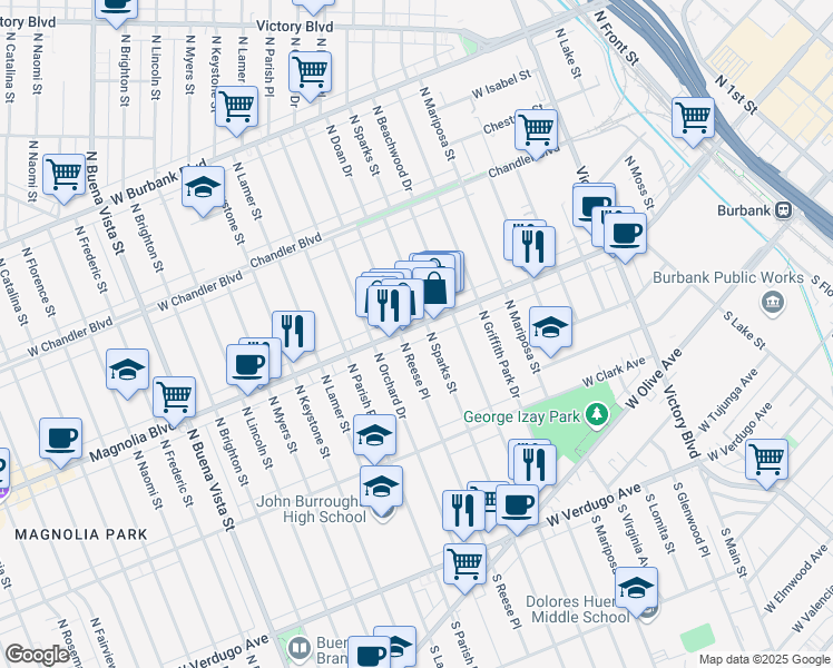 map of restaurants, bars, coffee shops, grocery stores, and more near in Burbank