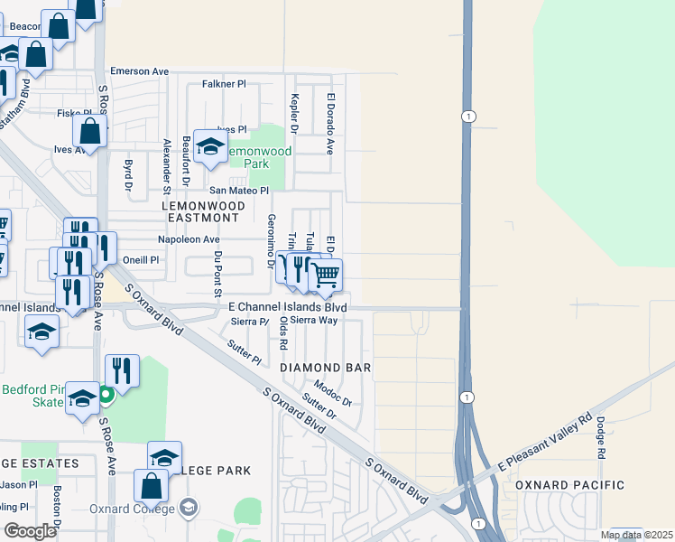 map of restaurants, bars, coffee shops, grocery stores, and more near 2630 El Dorado Avenue in Oxnard