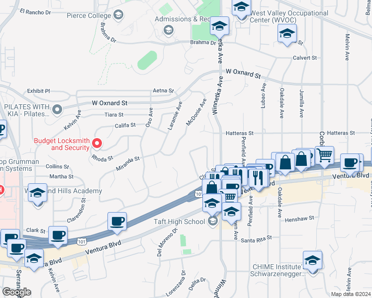 map of restaurants, bars, coffee shops, grocery stores, and more near 5711 Rawlings Avenue in Los Angeles