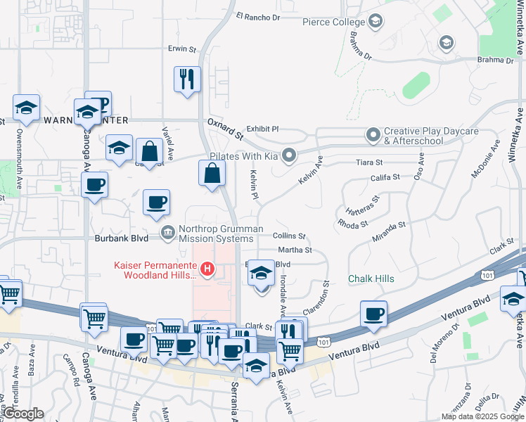 map of restaurants, bars, coffee shops, grocery stores, and more near 20851 Miranda Street in Los Angeles