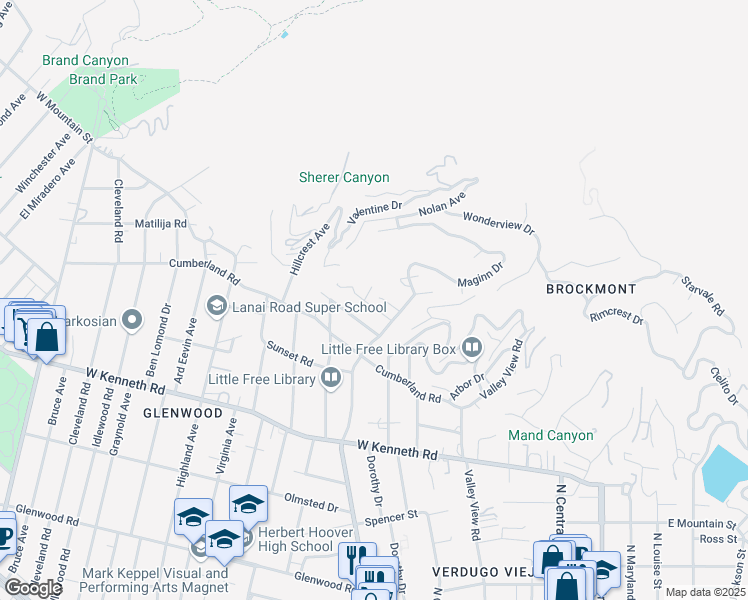 map of restaurants, bars, coffee shops, grocery stores, and more near 425 Audraine Drive in Glendale
