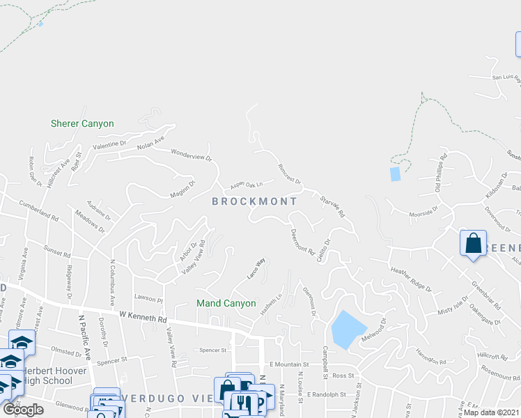 map of restaurants, bars, coffee shops, grocery stores, and more near 2011 Rimcrest Drive in Glendale