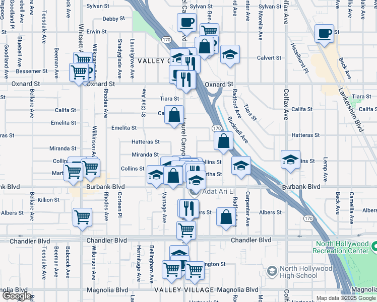 map of restaurants, bars, coffee shops, grocery stores, and more near 5730 Laurel Canyon Boulevard in Los Angeles