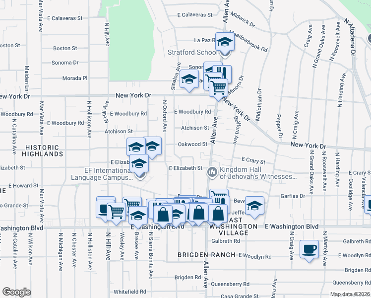 map of restaurants, bars, coffee shops, grocery stores, and more near 1728 Oakwood Street in Pasadena