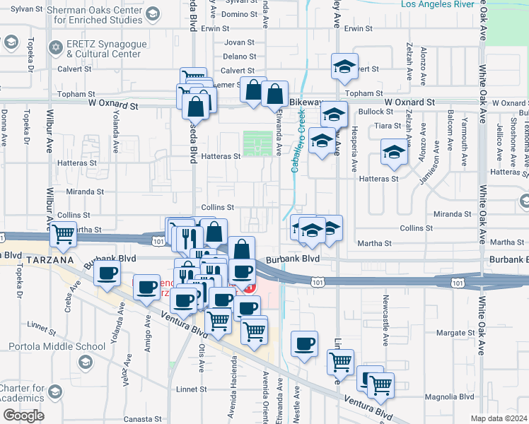 map of restaurants, bars, coffee shops, grocery stores, and more near 18340 Collins Street in Los Angeles