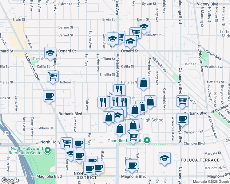 map of restaurants, bars, coffee shops, grocery stores, and more near 5725 Vineland Avenue in Los Angeles