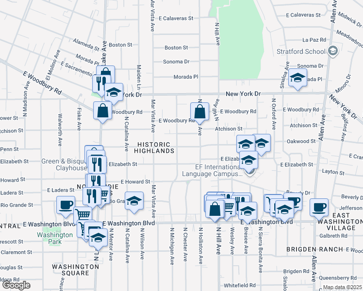 map of restaurants, bars, coffee shops, grocery stores, and more near 1247 East Topeka Street in Pasadena