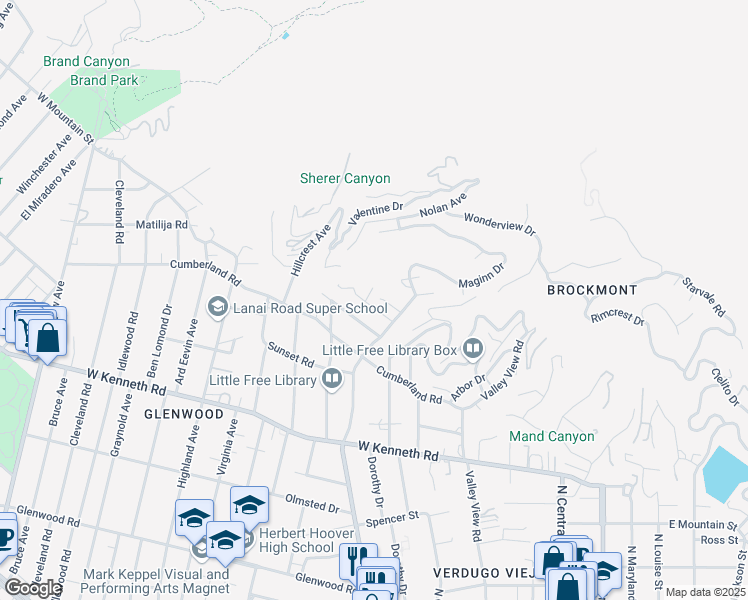 map of restaurants, bars, coffee shops, grocery stores, and more near 425 Audraine Drive in Glendale