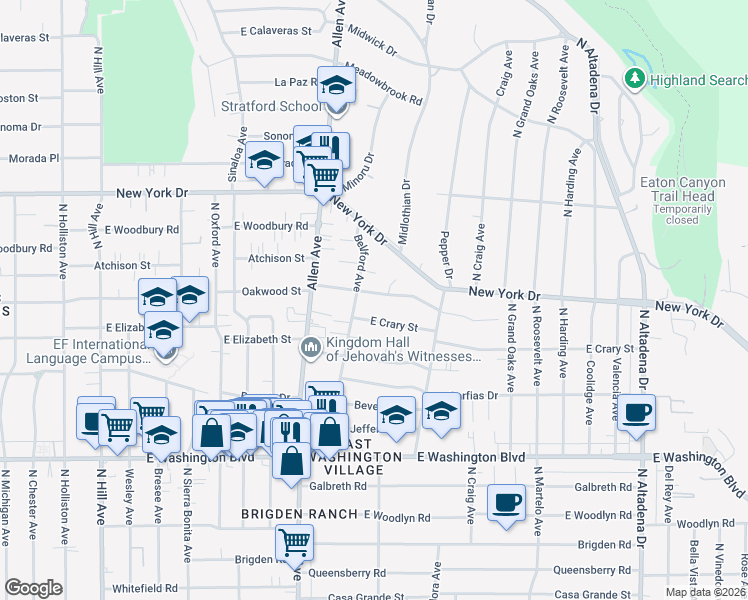 map of restaurants, bars, coffee shops, grocery stores, and more near 1978 Oakwood Street in Pasadena