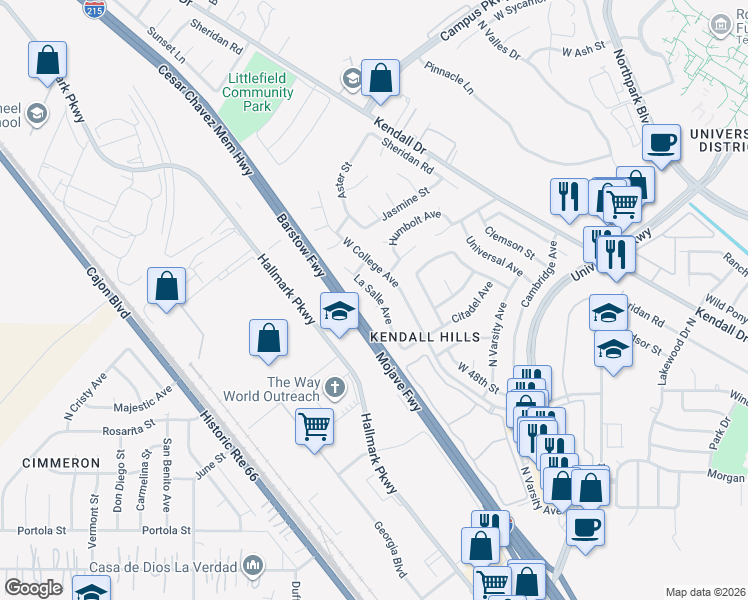 map of restaurants, bars, coffee shops, grocery stores, and more near 5041 Wyche Court in San Bernardino
