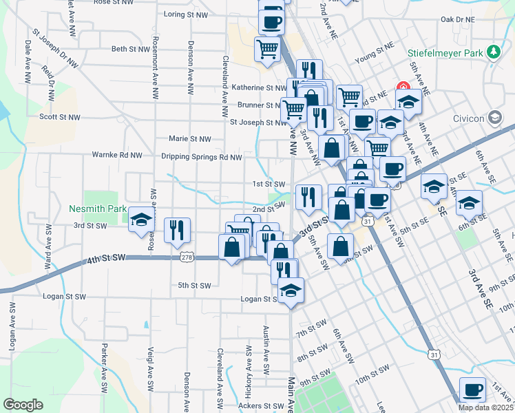map of restaurants, bars, coffee shops, grocery stores, and more near 1105 2nd Street Southwest in Cullman