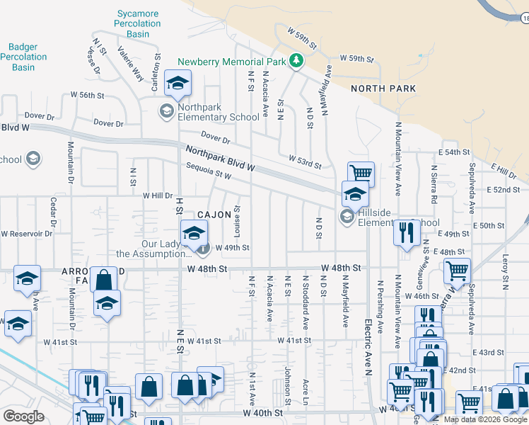 map of restaurants, bars, coffee shops, grocery stores, and more near 4996 North Acacia Avenue in San Bernardino