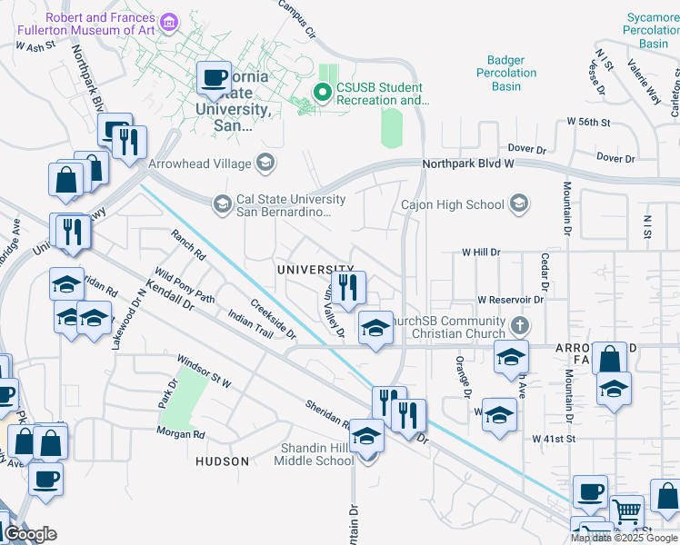 map of restaurants, bars, coffee shops, grocery stores, and more near 1442 West Lake Placid Drive in San Bernardino